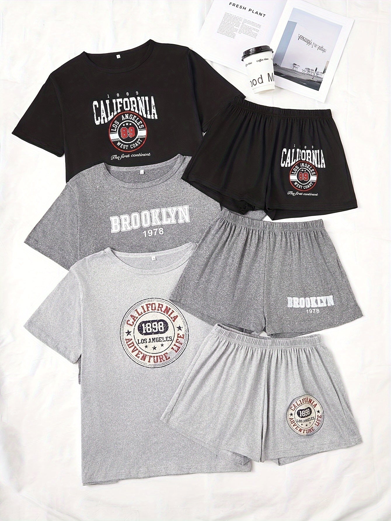 3 Sets Women's Letter Print Casual Pajama Set, Short Sleeve Round Neck Top & Shorts, Comfortable Relaxed Fit
